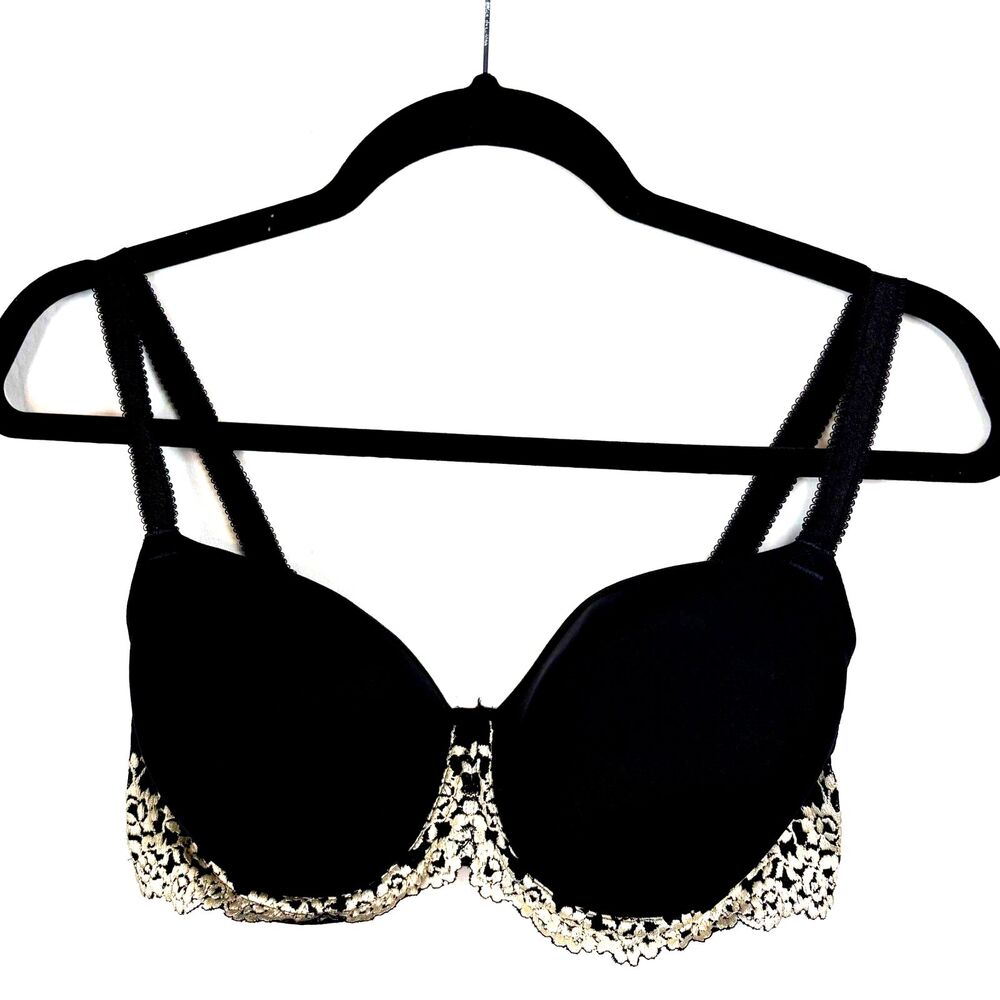 Wacoal Womens Black Embrace Lace T-shirt Bra Size 36DD Ivory Lace-EUC